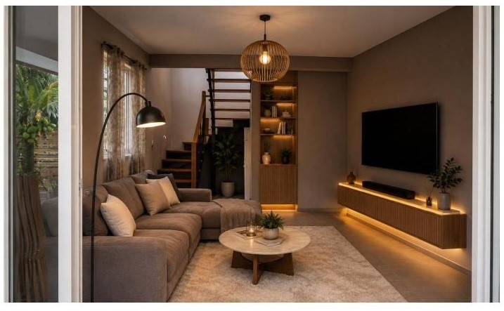 Salon chaleureux après réaménagement — Seine Amazone Architecture
